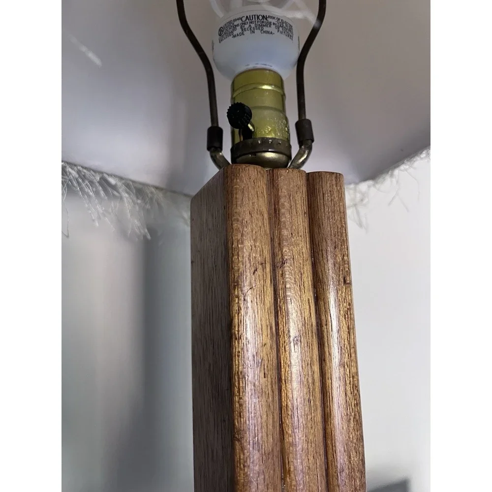 Vintage Wooden Table Lamp with Fabric Shade and Fringe Trim Mid Century Style